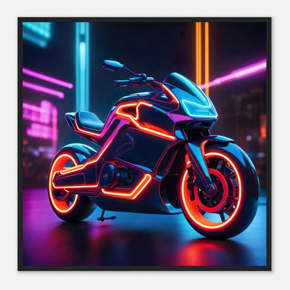 Gerahmtes Premium-Poster -Futuristisches Motorrad- Neon Stil, KI-Kunst - RolConArt, Neon, 70x70-cm-28x28-Schwarzer-Rahmen