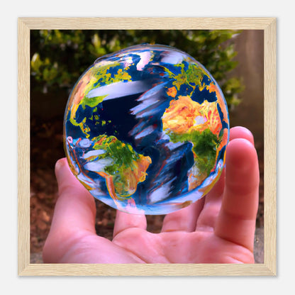 Gerahmtes Premium-Poster - Planet in der Hand - Foto Stil, KI-Kunst - RolConArt, Fotokunst - Kreative Vielfalt, 30x30-cm-12x12-Holz