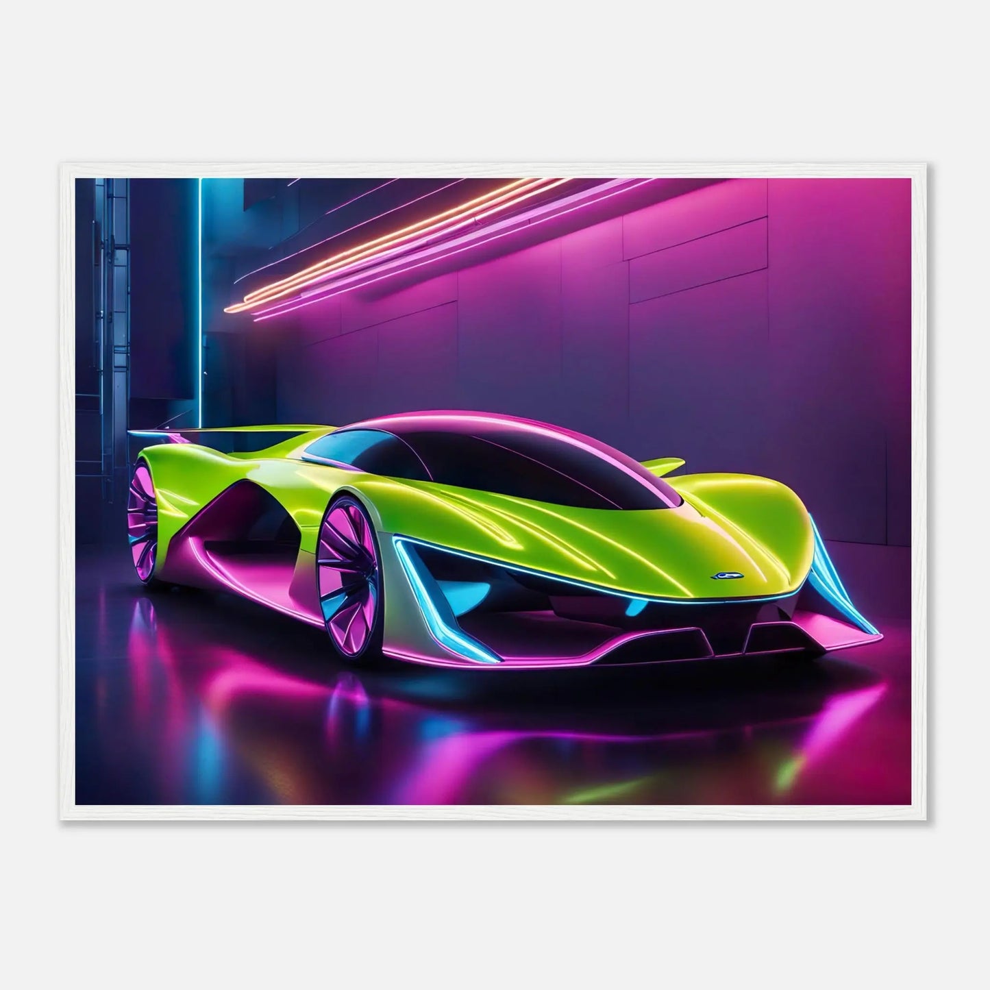 Gerahmtes Premium-Poster -Futuristisches Fahrzeug- Neon Stil, KI-Kunst - RolConArt, Neon, 60x80-cm-24x32-Weißer-Rahmen