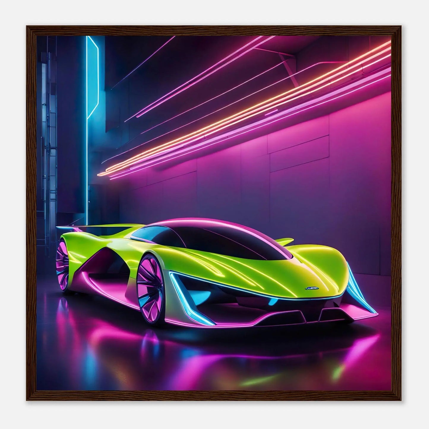 Gerahmtes Premium-Poster -Futuristisches Fahrzeug- Neon Stil, KI-Kunst - RolConArt, Neon, 50x50-cm-20x20-Dunkler-Holzrahmen