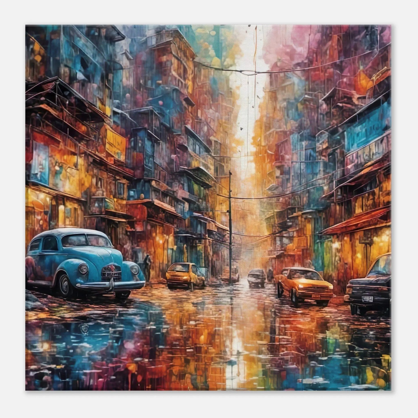 Leinwandbild - Farbenchaos auf der Straße - Splash Art Stil, KI-Kunst - RolConArt, Splash Art, 40x40-cm-16x16