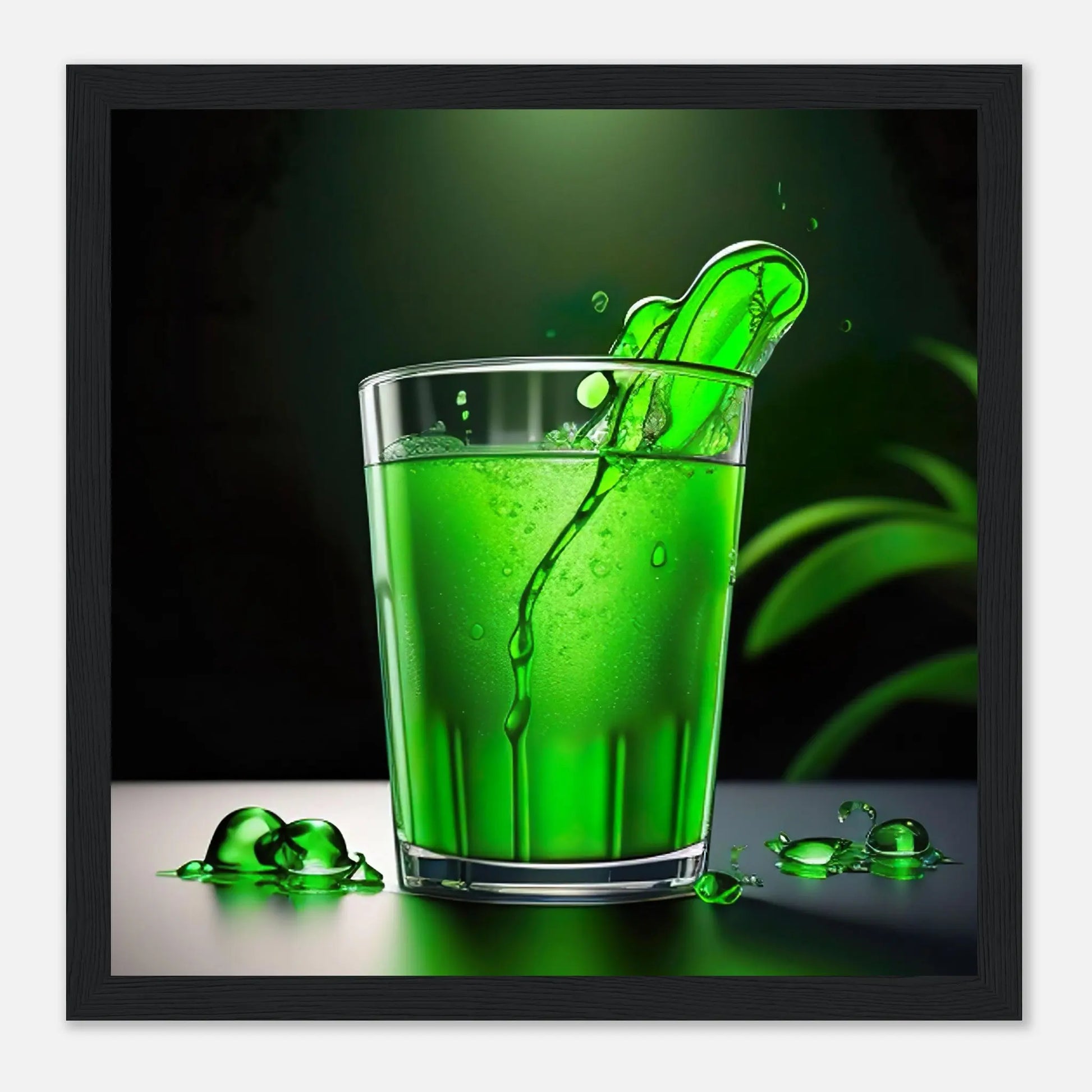 Gerahmtes Premium-Poster - Glas mit grünem Trank - Foto Stil, KI-Kunst - RolConArt, Kreative Vielfalt, 30x30-cm-12x12-Schwarzer-Rahmen