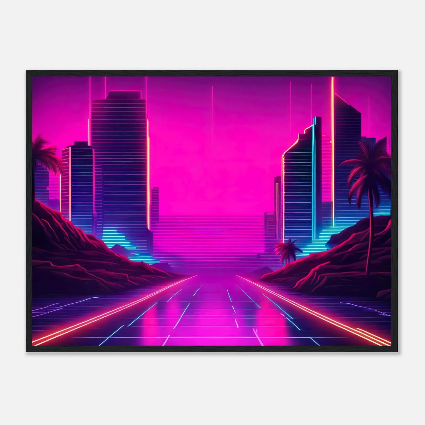 Gerahmtes Premium-Poster - Stadtlandschaft - Neon Stil, KI-Kunst - RolConArt, Neon, 60x80-cm-24x32-Schwarzer-Rahmen