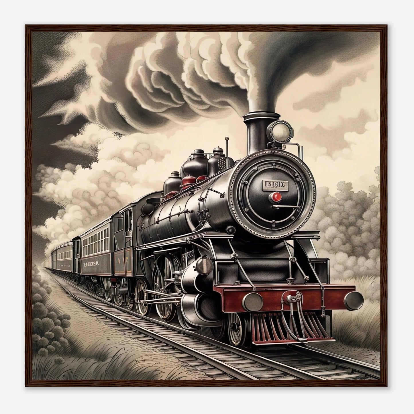 Gerahmtes Premium-Poster - Dampflokomotive - Schwarz-Weiß, KI-Kunst - RolConArt, Schwarz-Weiß mit Akzentfarben, 70x70-cm-28x28-Dunkler-Holzrahmen