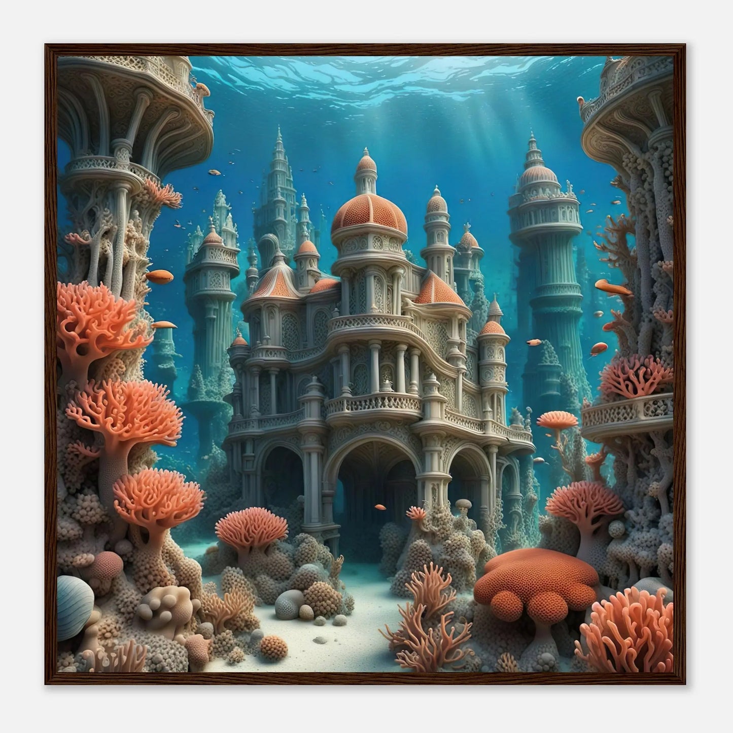 Gerahmtes Premium-Poster - Unterwasserwelt - Digitaler Stil, KI-Kunst - RolConArt, Unterwasserlandschaften, 70x70-cm-28x28-Dunkler-Holzrahmen