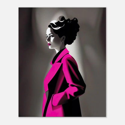 Leinwandbild - Frau im rosa Mantel - Schwarz-Weiß Stil, KI-Kunst - RolConArt, Schwarz-Weiß mit Akzentfarben, 60x75-cm-24x30