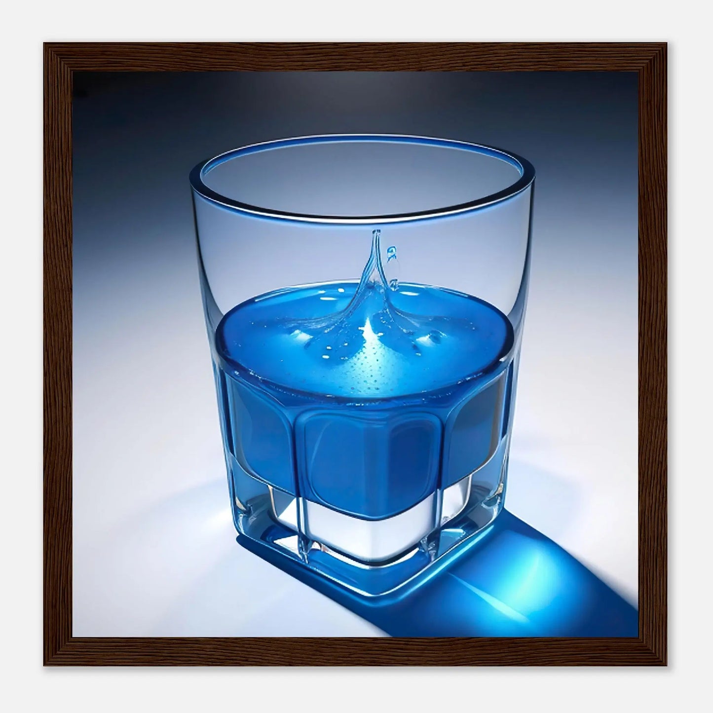 Gerahmtes Premium-Poster - Glas mit blauem Trank - Foto Stil, KI-Kunst - RolConArt, Kreative Vielfalt, 30x30-cm-12x12-Dunkler-Holzrahmen