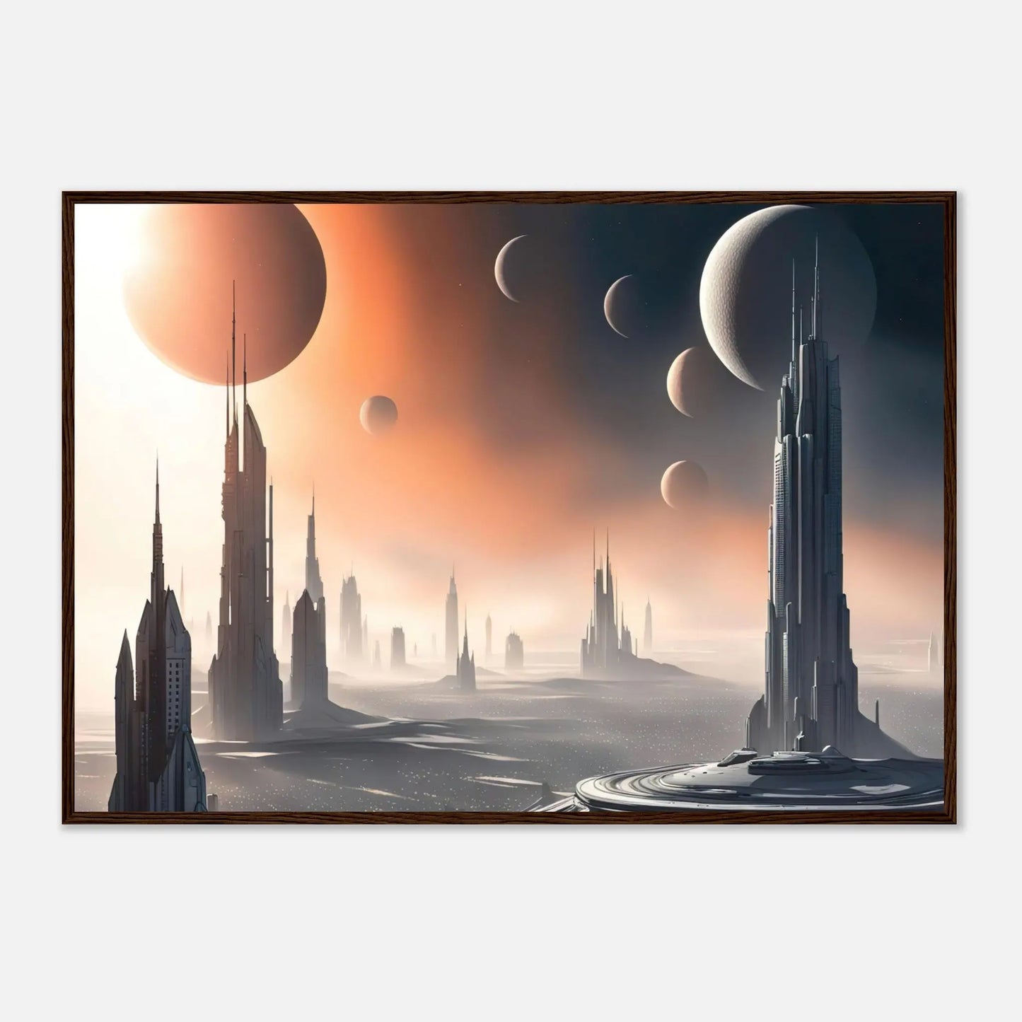 Gerahmtes Premium-Poster -Futuristische Welt- Digitaler Stil, KI-Kunst - RolConArt, Sci-Fi, 70x100-cm-28x40-Dunkler-Holzrahmen