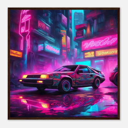 Gerahmtes Premium-Poster - Retro Auto - Neon Stil, KI-Kunst - RolConArt, Neon, 70x70-cm-28x28-Dunkler-Holzrahmen