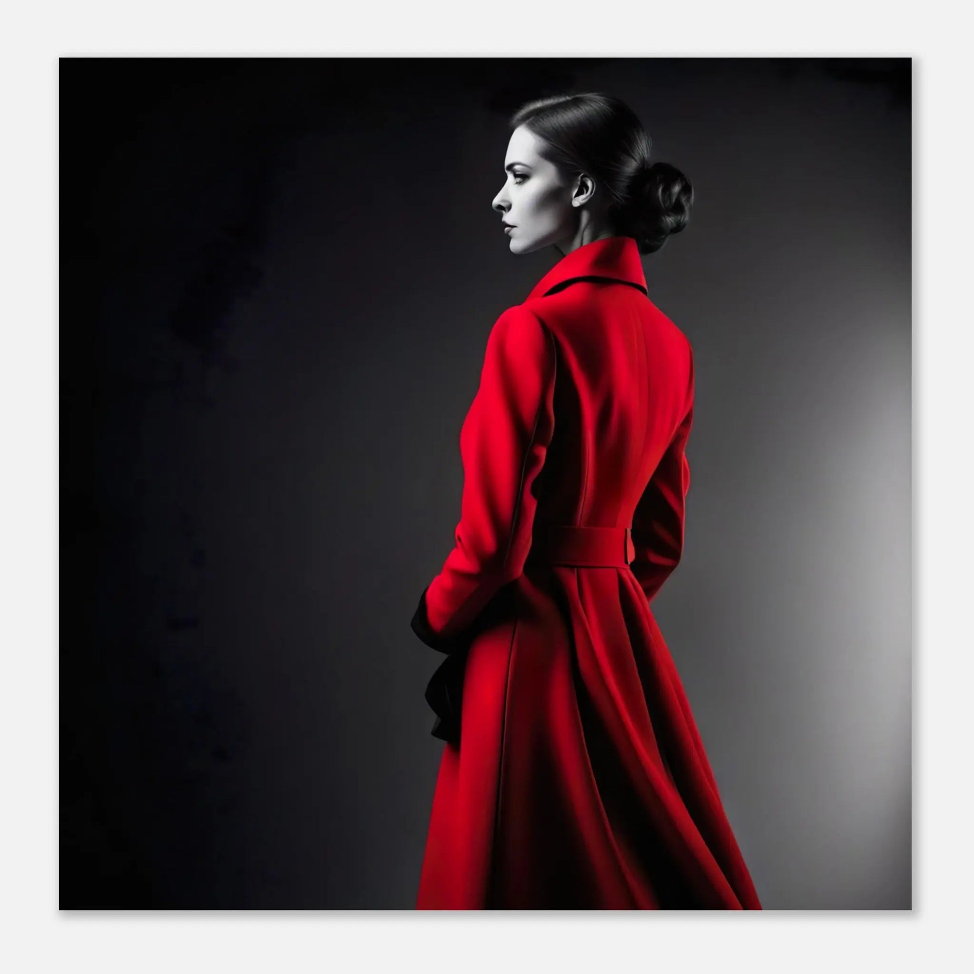 Moderner Forex-Druck - Frau im roten Mantel - Schwarz-Weiß, KI-Kunst RolConArt