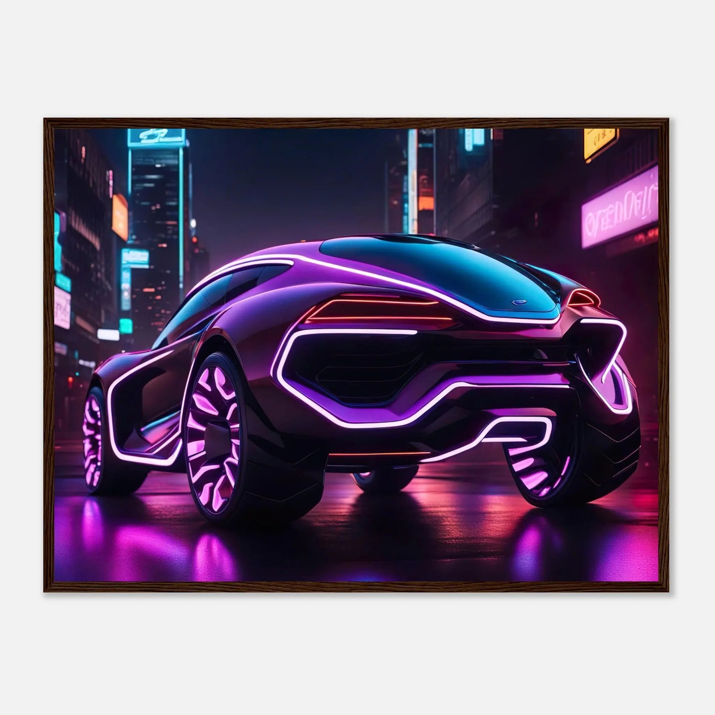 Gerahmtes Premium-Poster -Futuristisches Fahrzeug- Neon Stil, KI-Kunst - RolConArt, Neon, 60x80-cm-24x32-Dunkler-Holzrahmen