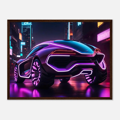 Gerahmtes Premium-Poster -Futuristisches Fahrzeug- Neon Stil, KI-Kunst - RolConArt, Neon, 45x60-cm-18x24-Dunkler-Holzrahmen