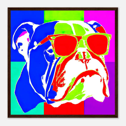 Gerahmtes Premium-Poster - Englische Bulldogge - Pop Art Stil, KI-Kunst - RolConArt, Pop Art - Tiere, 50x50-cm-20x20-Dunkles-Holz