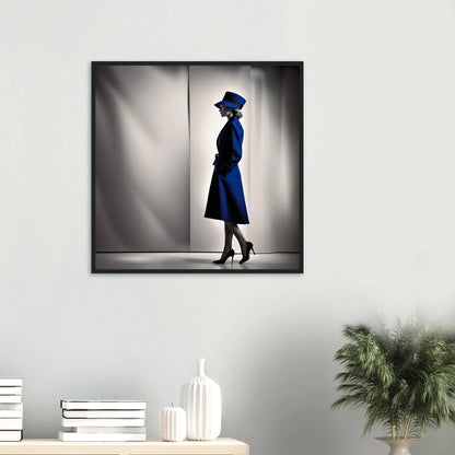 Gerahmtes Premium-Poster - Frau im blauen Mantel - Schwarz-Weiß, KI-Kunst - RolConArt, Schwarz-Weiß mit Akzentfarben, 