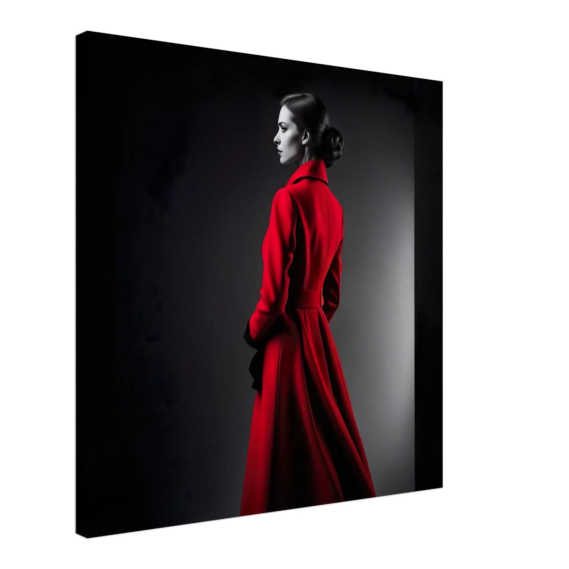 Leinwandbild - Frau im roten Mantel - Schwarz-Weiß Stil, KI-Kunst - RolConArt, Schwarz-Weiß mit Akzentfarben, 