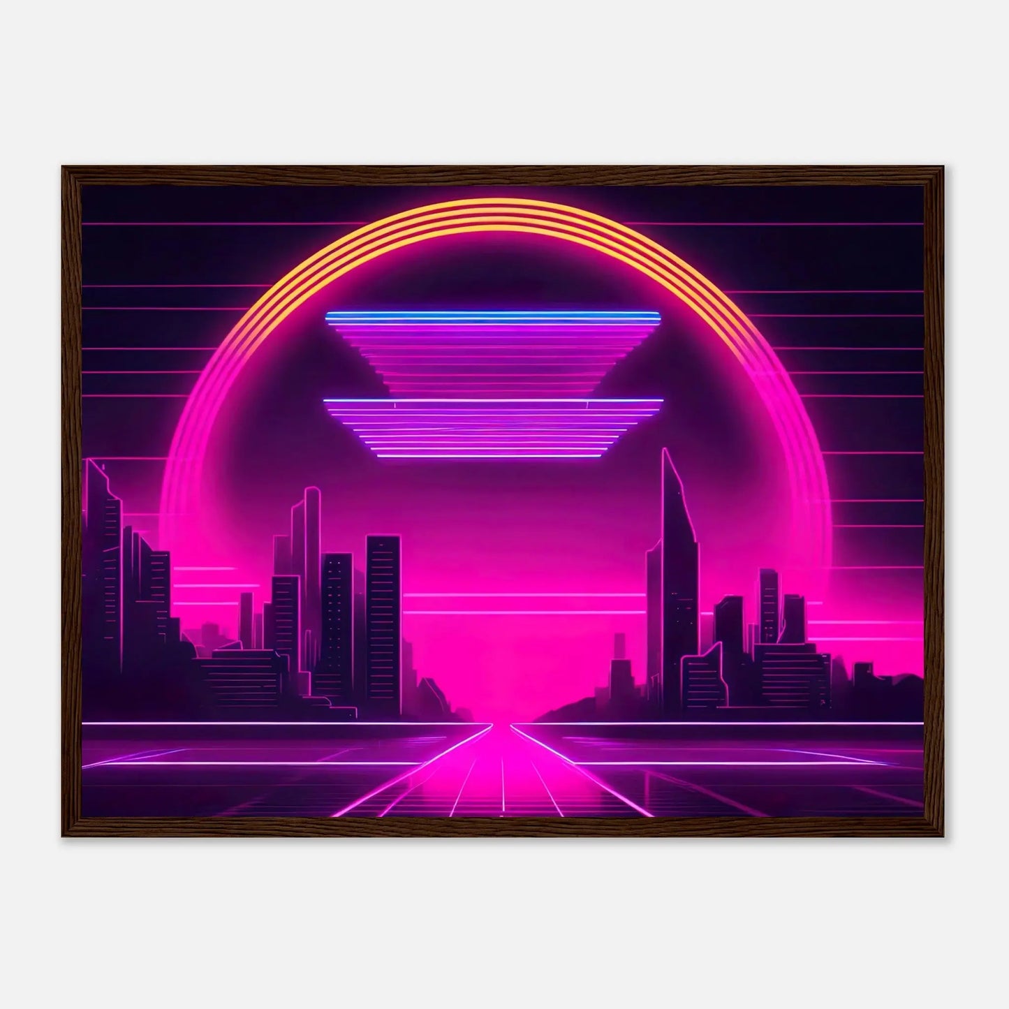 Gerahmtes Premium-Poster - Stadtlandschaft - Neon Stil, KI-Kunst - RolConArt, Neon, 45x60-cm-18x24-Dunkler-Holzrahmen