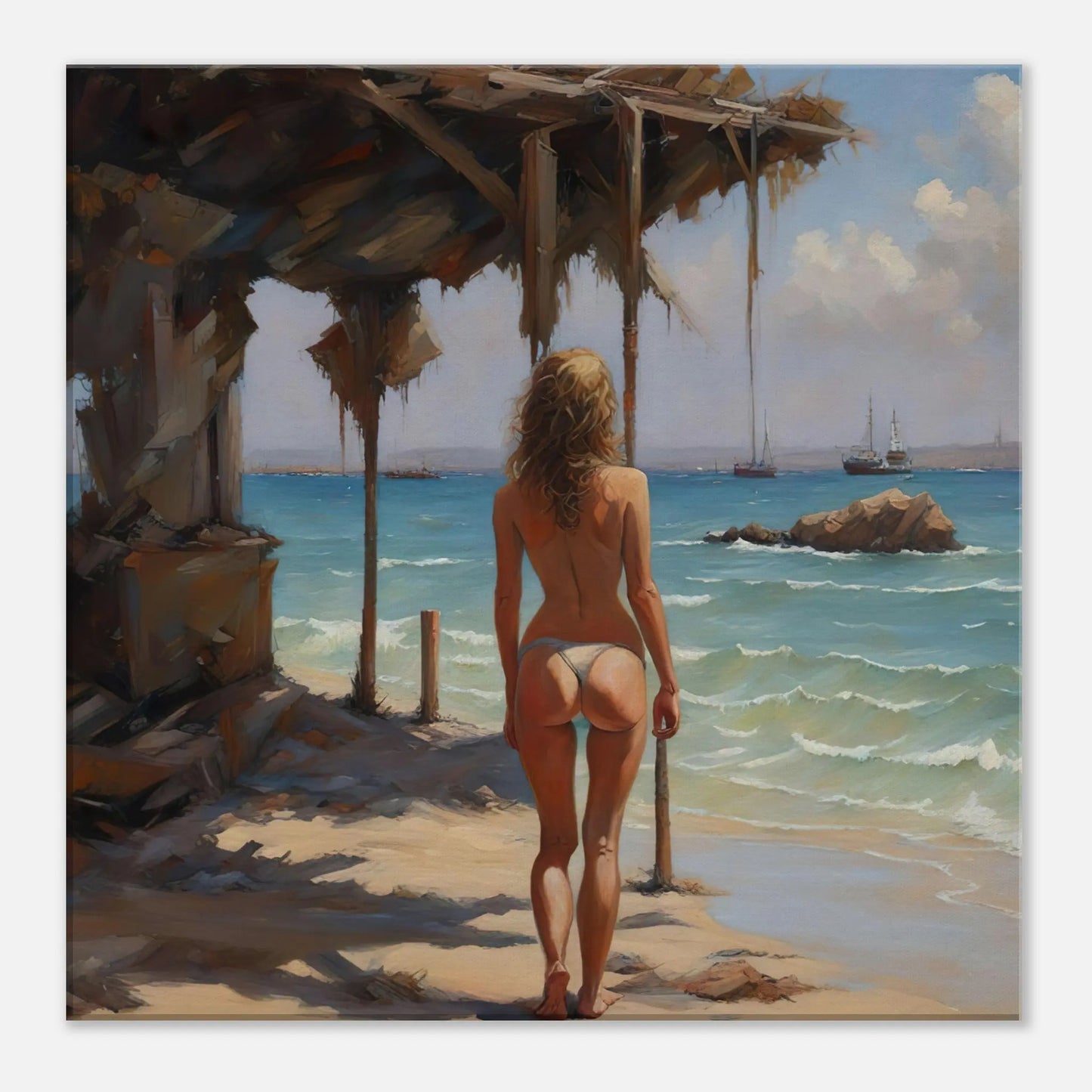 Leinwandbild - Frau am Strand - Malerischer Stil, KI-Kunst - RolConArt, Malerischer Stil - Porträts, 50x50-cm-20x20