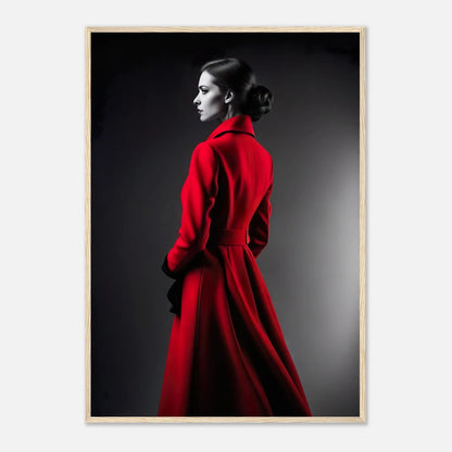 Gerahmtes Premium-Poster - Frau im roten Mantel - Schwarz-Weiß, KI-Kunst - RolConArt, Schwarz-Weiß mit Akzentfarben, 70x100-cm-28x40-Holzrahmen