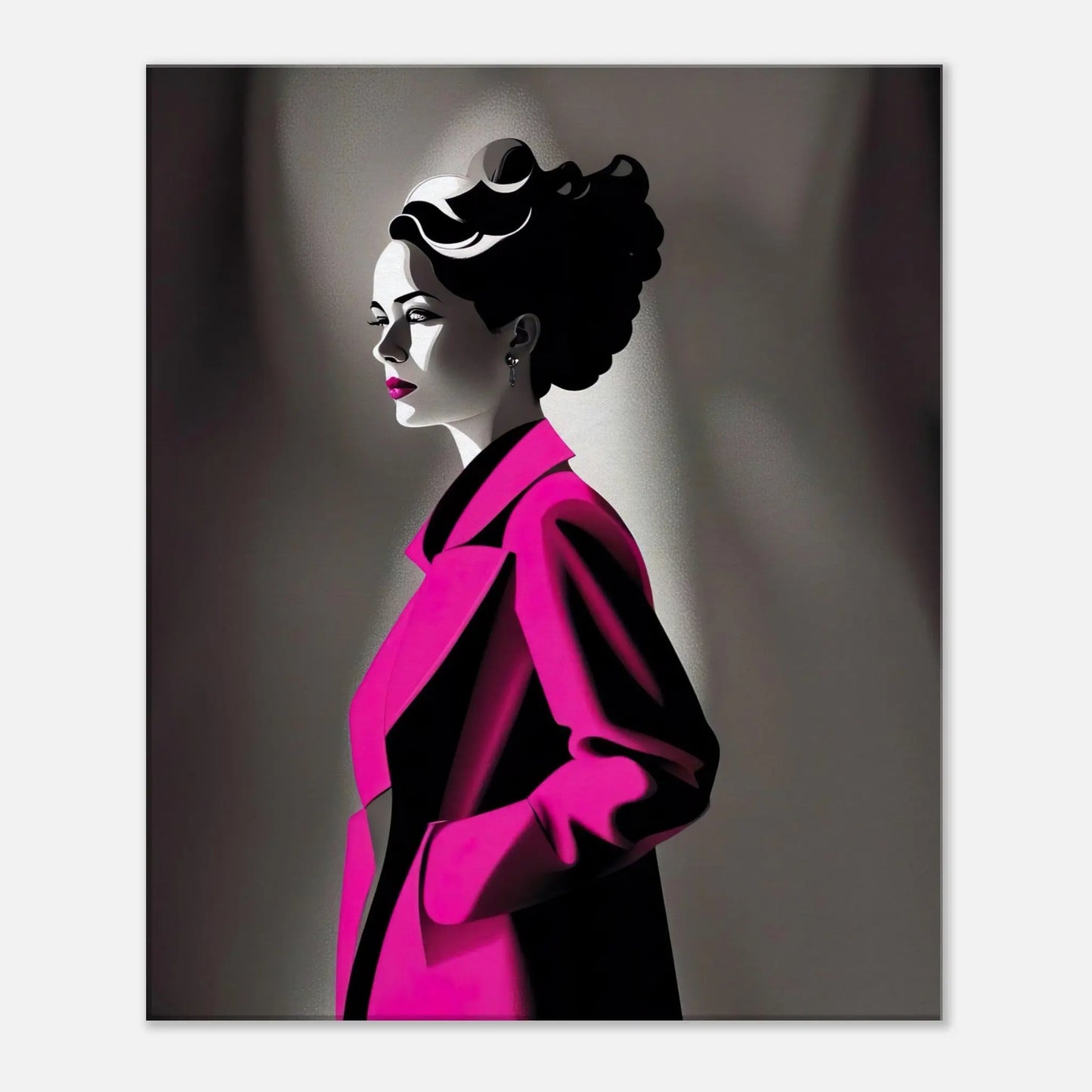 Leinwandbild - Frau im rosa Mantel - Schwarz-Weiß Stil, KI-Kunst - RolConArt, Schwarz-Weiß mit Akzentfarben, 50x60-cm-20x24