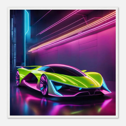 Gerahmtes Premium-Poster -Futuristisches Fahrzeug- Neon Stil, KI-Kunst - RolConArt, Neon, 70x70-cm-28x28-Weißer-Rahmen