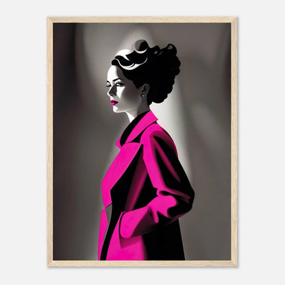 Gerahmtes Premium-Poster - Frau im rosa Mantel - Schwarz-Weiß, KI-Kunst - RolConArt, Schwarz-Weiß mit Akzentfarben, 45x60-cm-18x24-Holzrahmen
