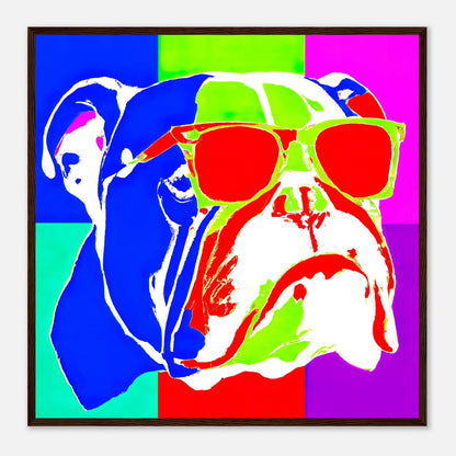 Gerahmtes Premium-Poster - Englische Bulldogge - Pop Art Stil, KI-Kunst - RolConArt, Pop Art - Tiere, 70x70-cm-28x28-Dunkles-Holz