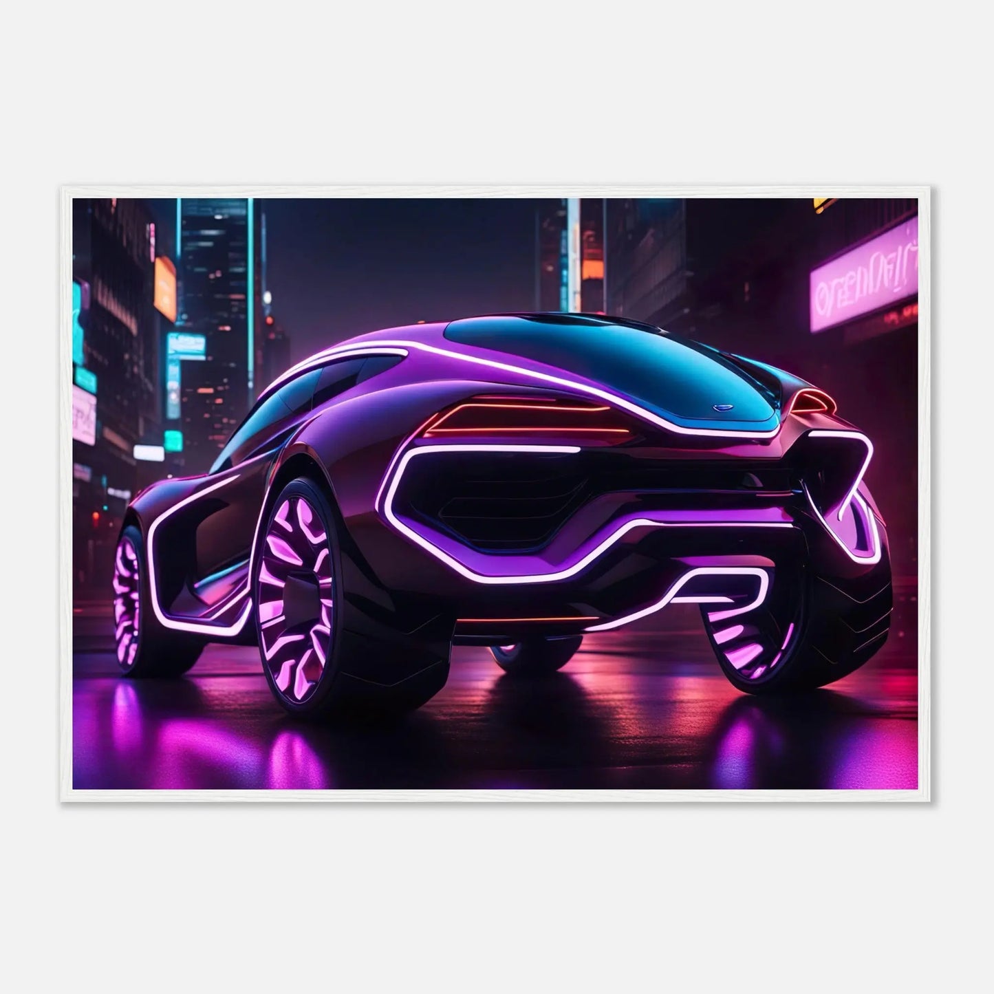 Gerahmtes Premium-Poster -Futuristisches Fahrzeug- Neon Stil, KI-Kunst - RolConArt, Neon, 70x100-cm-28x40-Weißer-Rahmen