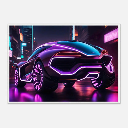 Gerahmtes Premium-Poster -Futuristisches Fahrzeug- Neon Stil, KI-Kunst - RolConArt, Neon, 70x100-cm-28x40-Weißer-Rahmen