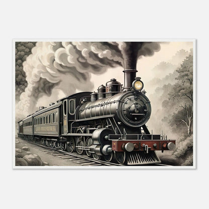 Gerahmtes Premium-Poster - Dampflokomotive - Schwarz-Weiß, KI-Kunst - RolConArt, Schwarz-Weiß mit Akzentfarben, 70x100-cm-28x40-Weißer-Rahmen