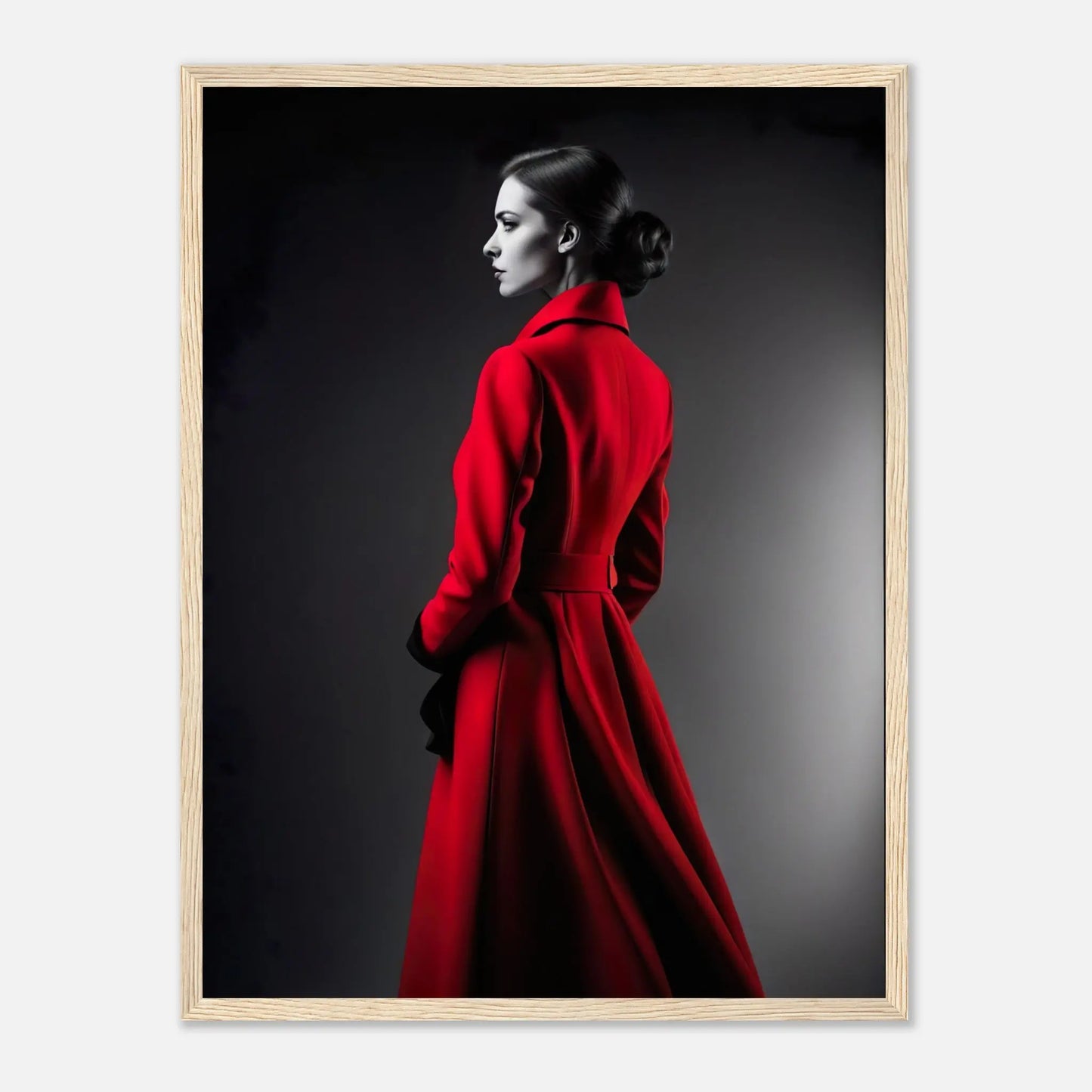 Gerahmtes Premium-Poster - Frau im roten Mantel - Schwarz-Weiß, KI-Kunst - RolConArt, Schwarz-Weiß mit Akzentfarben, 45x60-cm-18x24-Holzrahmen