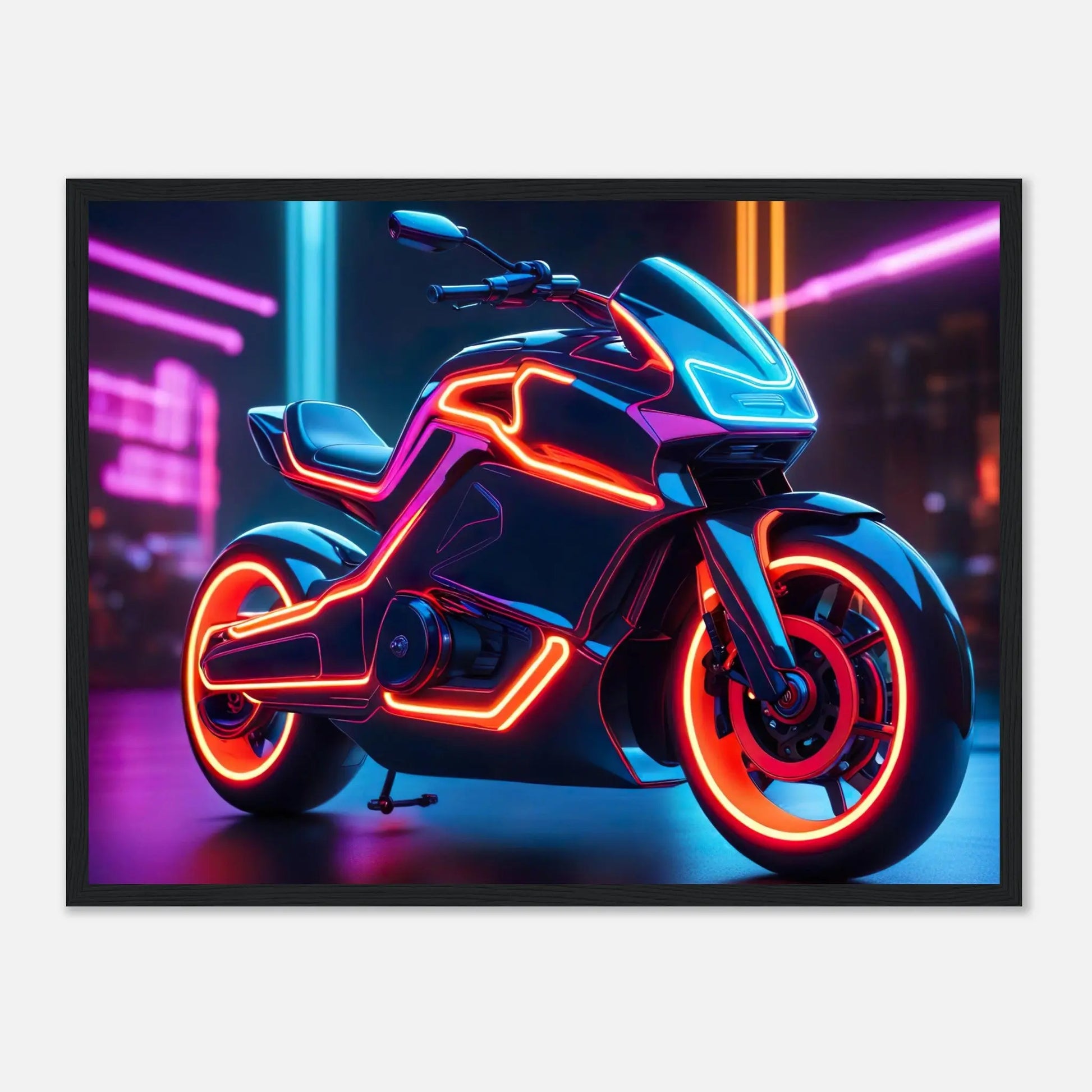 Gerahmtes Premium-Poster -Futuristisches Motorrad- Neon Stil, KI-Kunst - RolConArt, Neon, 45x60-cm-18x24-Schwarzer-Rahmen