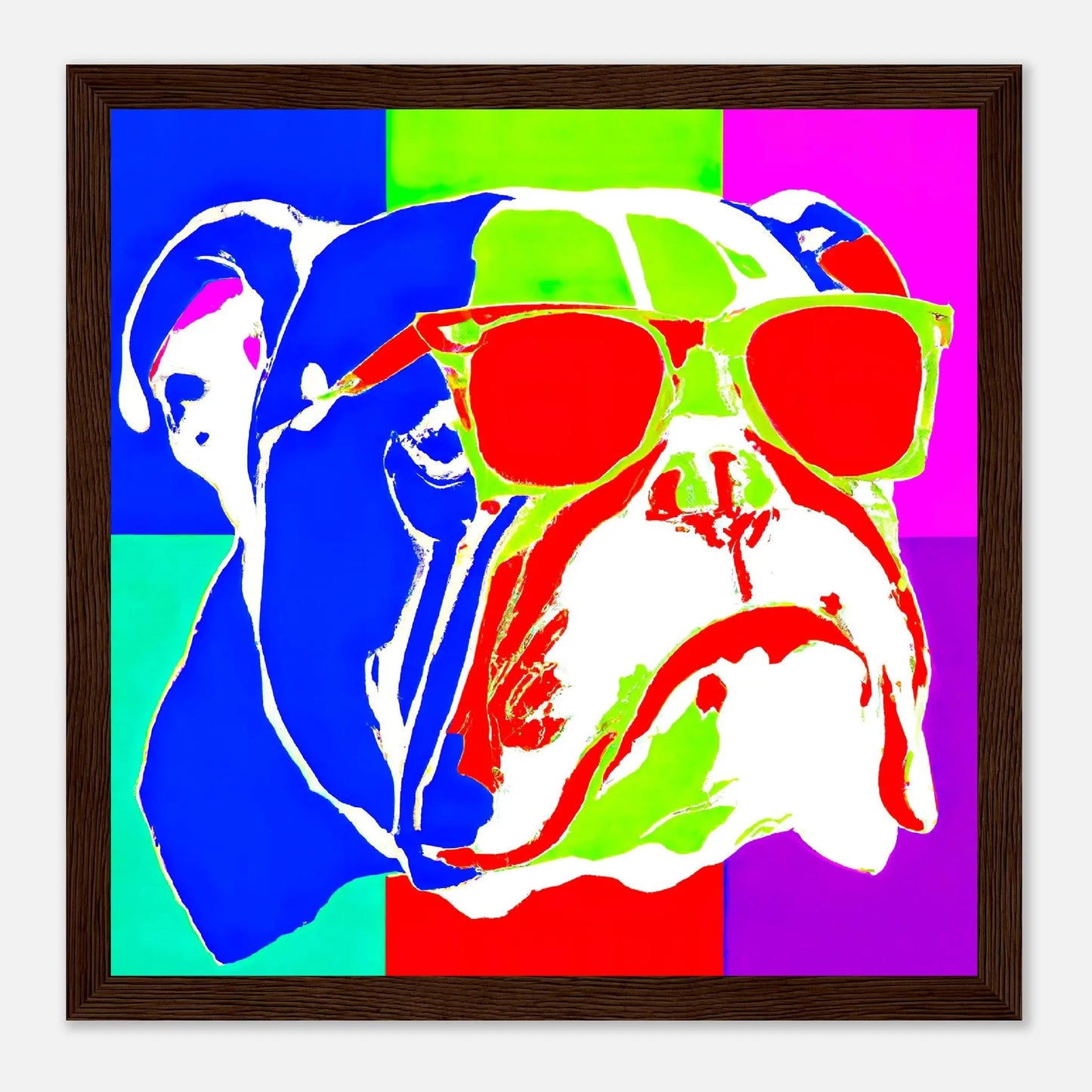 Gerahmtes Premium-Poster - Englische Bulldogge - Pop Art Stil, KI-Kunst - RolConArt, Pop Art - Tiere, 30x30-cm-12x12-Dunkles-Holz