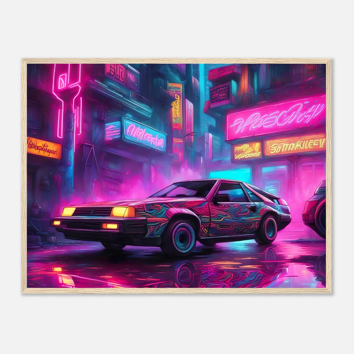 Gerahmtes Premium-Poster - Retro Auto - Neon Stil, KI-Kunst - RolConArt, Neon, 60x80-cm-24x32-Holzrahmen