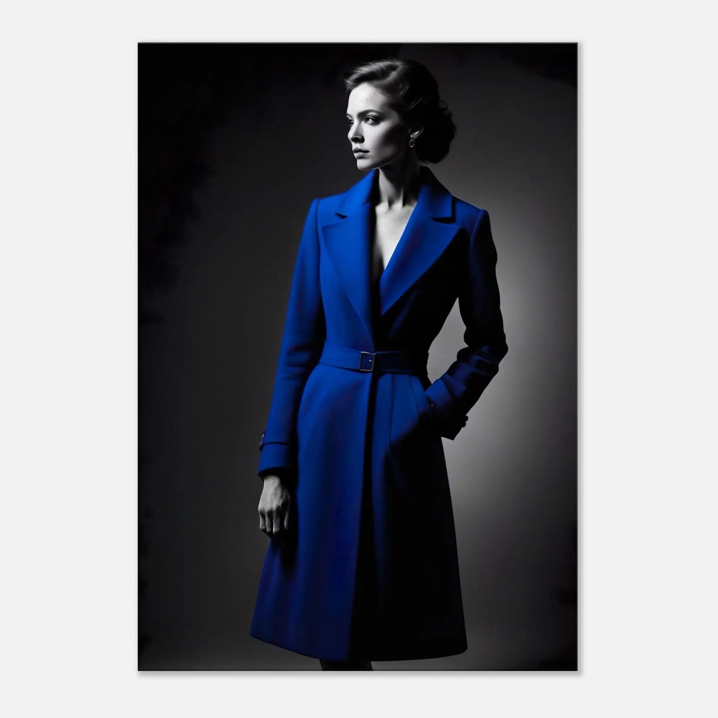 Leinwandbild - Frau im blauen Mantel - Schwarz-Weiß Stil, KI-Kunst - RolConArt, Schwarz-Weiß mit Akzentfarben, 70x100-cm-28x40