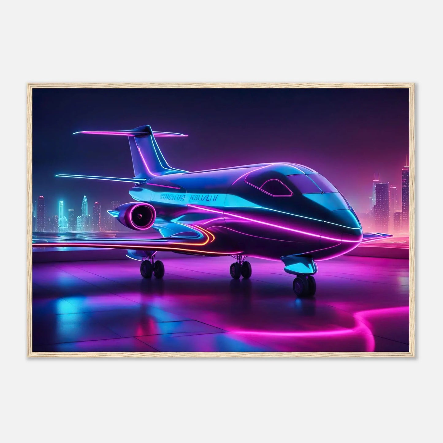 Gerahmtes Premium-Poster -Futuristisches Flugzeug- Neon Stil, KI-Kunst - RolConArt, Neon, 70x100-cm-28x40-Holzrahmen
