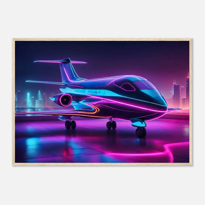 Gerahmtes Premium-Poster -Futuristisches Flugzeug- Neon Stil, KI-Kunst - RolConArt, Neon, 70x100-cm-28x40-Holzrahmen