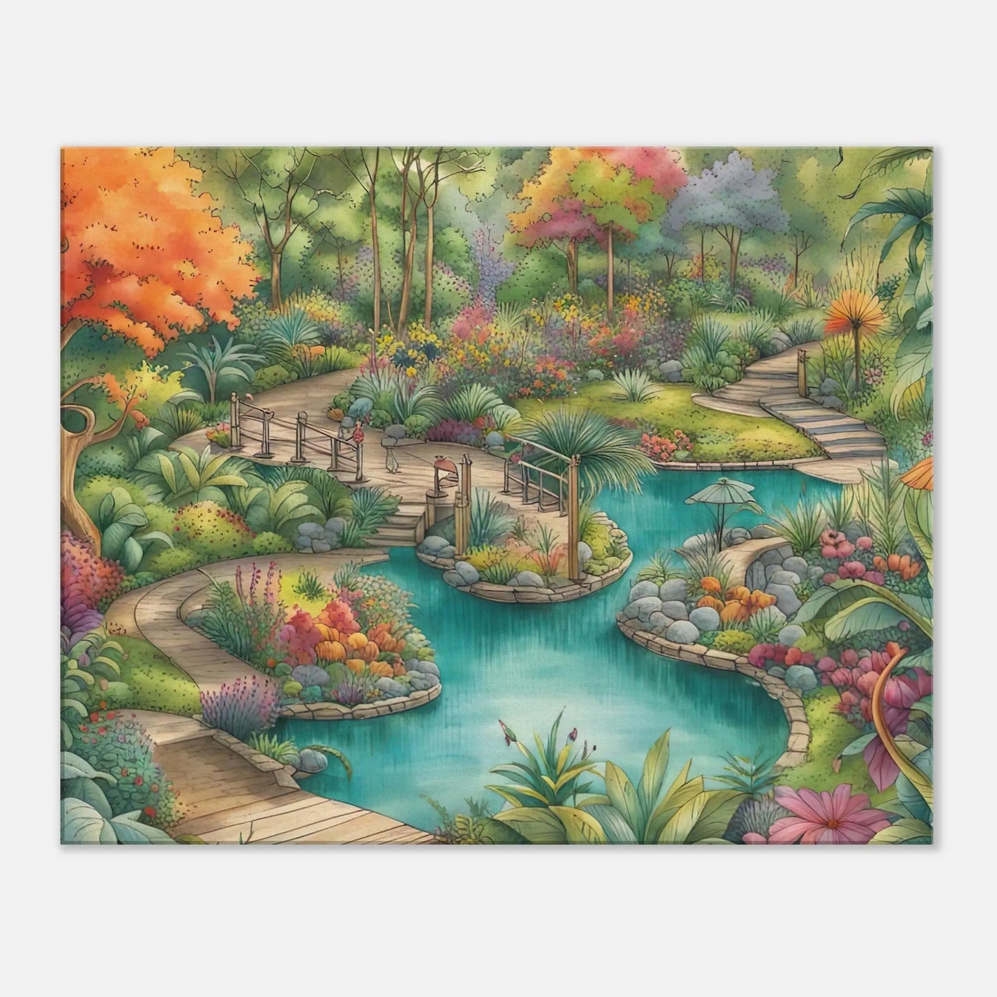 Leinwandbild - Garten mit Teich - Malerischer Stil, KI-Kunst - RolConArt, Landschaften, 60x75-cm-24x30