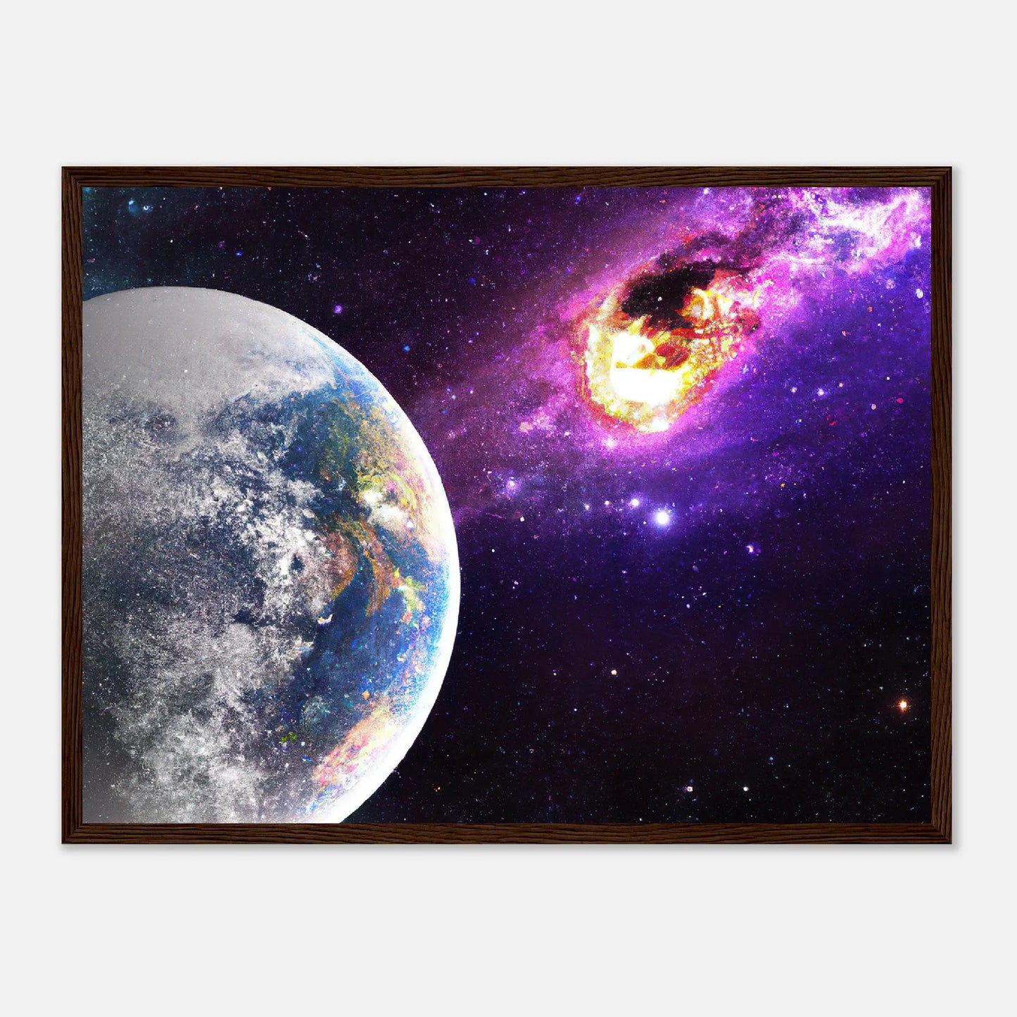 Gerahmtes Premium-Poster - Planet und Komet - Digitaler Stil, KI-Kunst - RolConArt, Sci-Fi, 45x60-cm-18x24-Dunkles-Holz