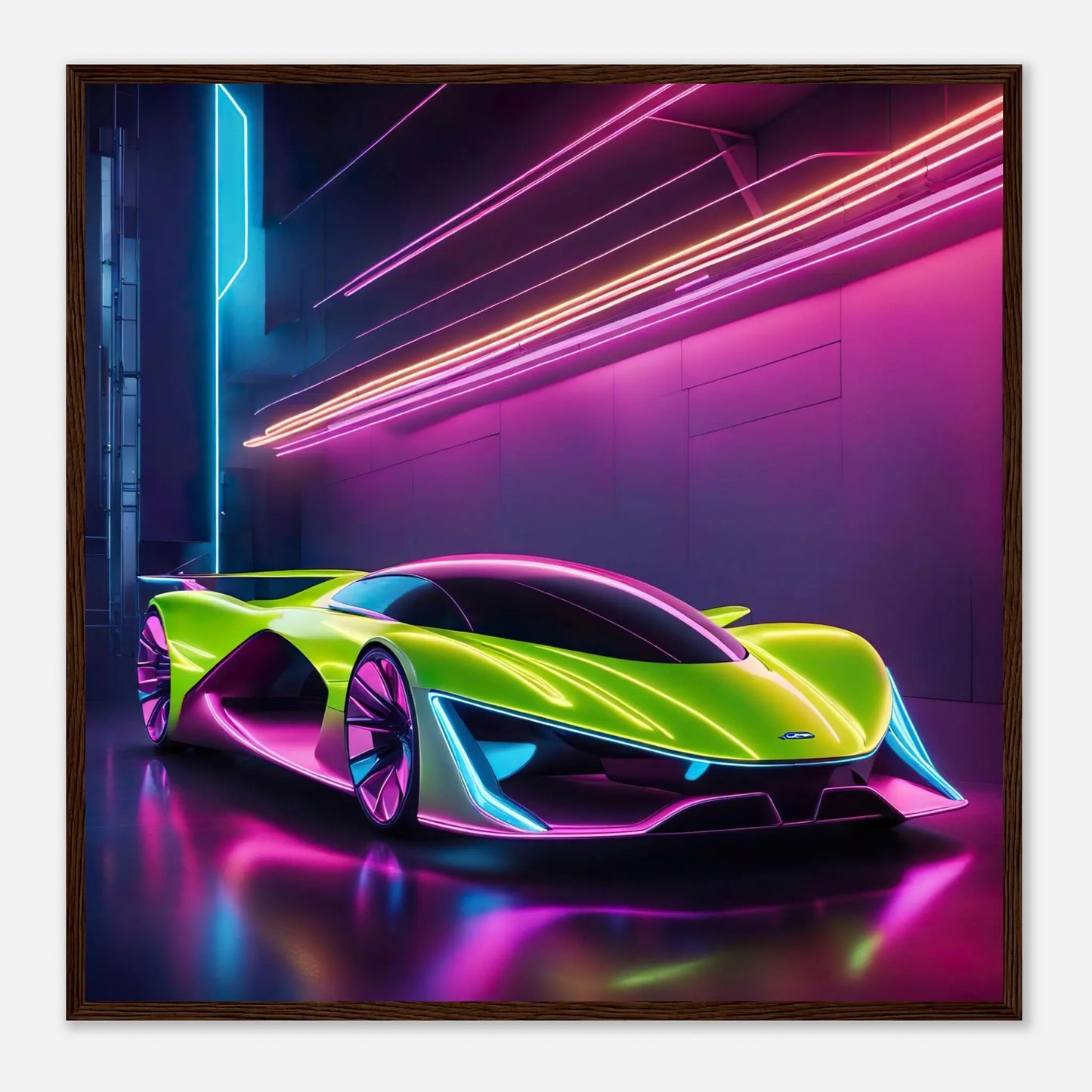 Gerahmtes Premium-Poster -Futuristisches Fahrzeug- Neon Stil, KI-Kunst - RolConArt, Neon, 70x70-cm-28x28-Dunkler-Holzrahmen