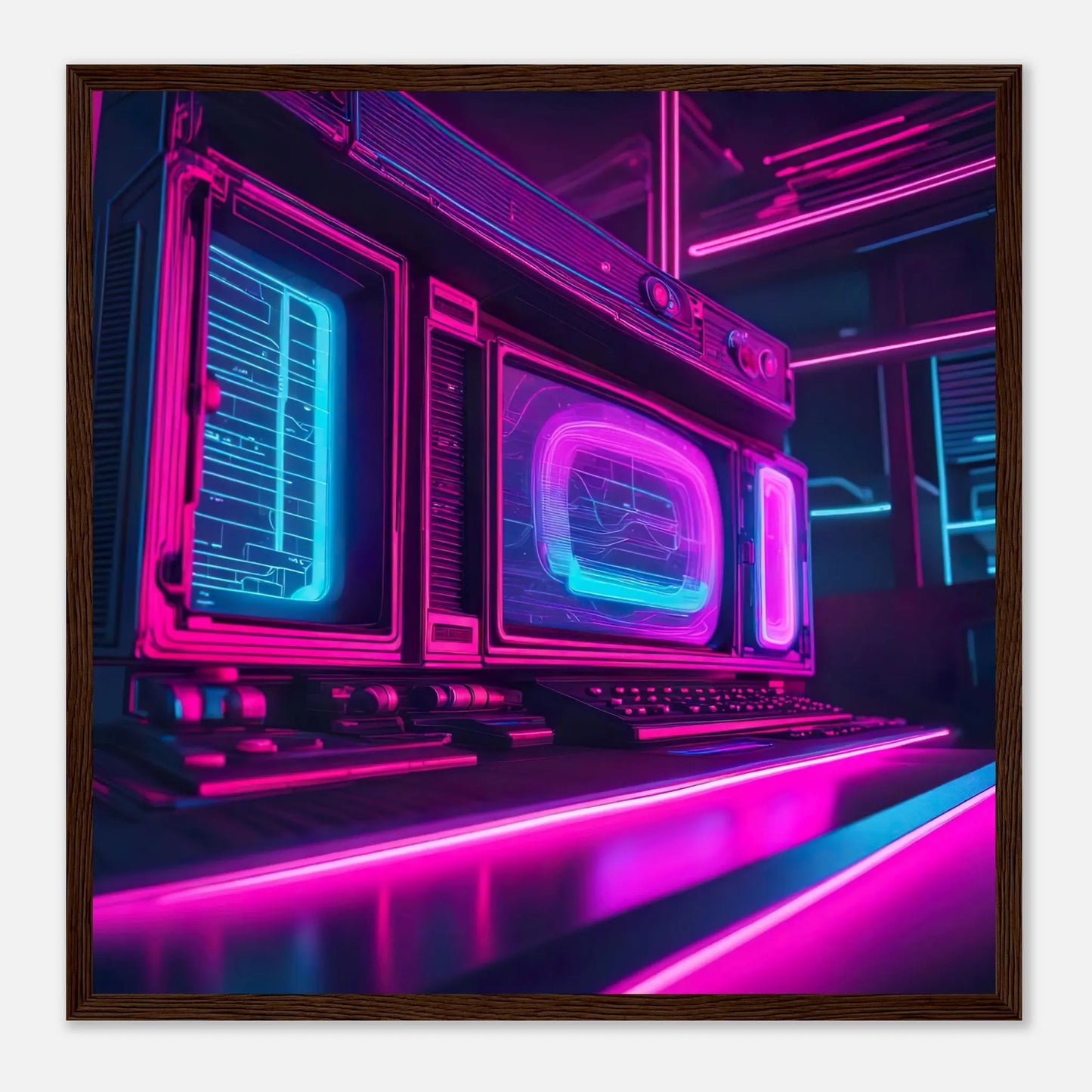 Gerahmtes Premium-Poster - Retro Computer - Neon Stil, KI-Kunst - RolConArt, Neon, 50x50-cm-20x20-Dunkler-Holzrahmen