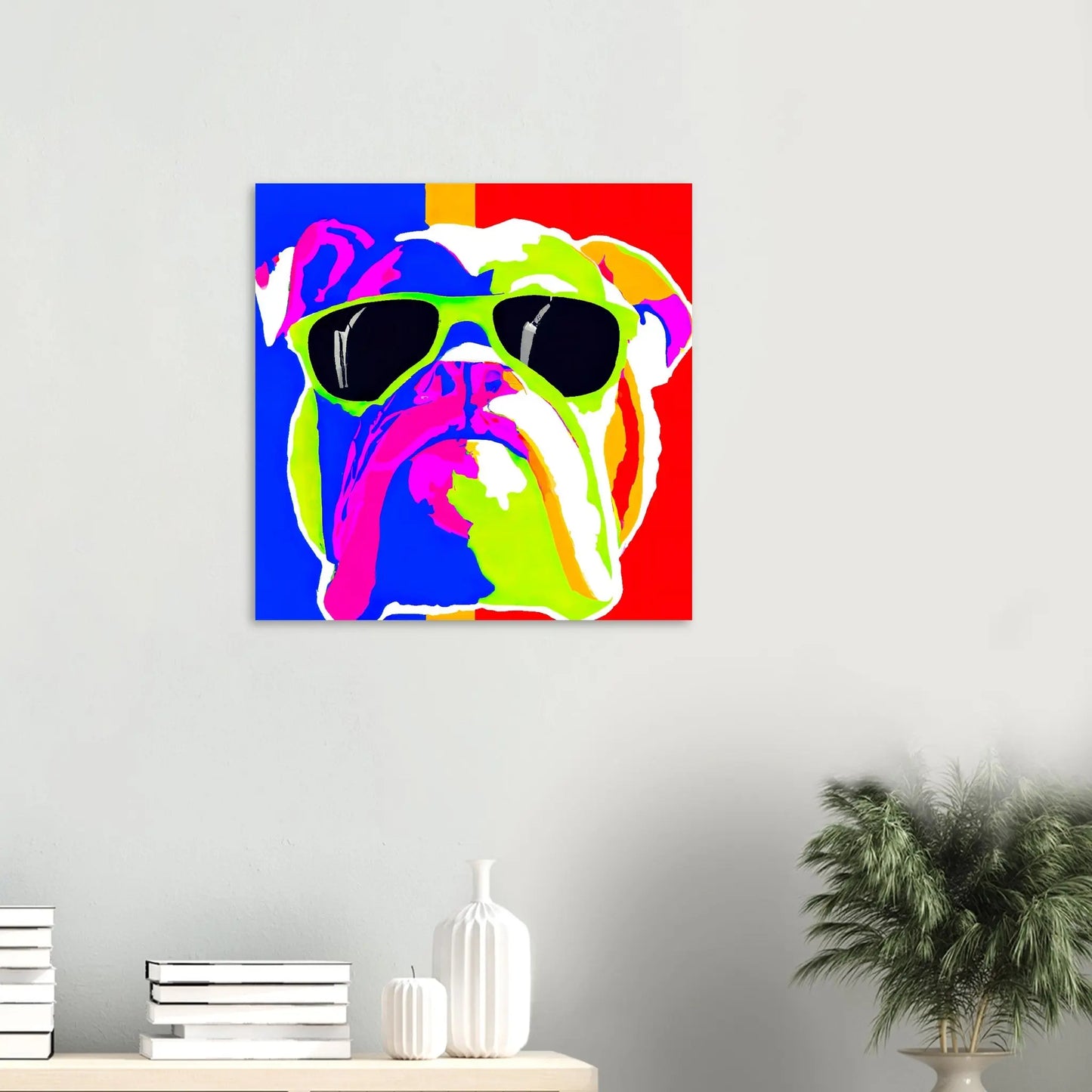 Aluminiumdruck - Englische Bulldogge mit Sonnenbrille - Pop Art Stil, KI-Kunst RolConArt