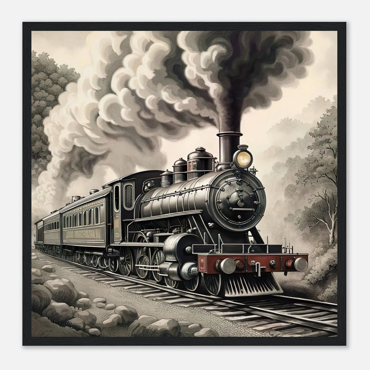 Gerahmtes Premium-Poster - Dampflokomotive - Schwarz-Weiß, KI-Kunst - RolConArt, Schwarz-Weiß mit Akzentfarben, 50x50-cm-20x20-Schwarzer-Rahmen