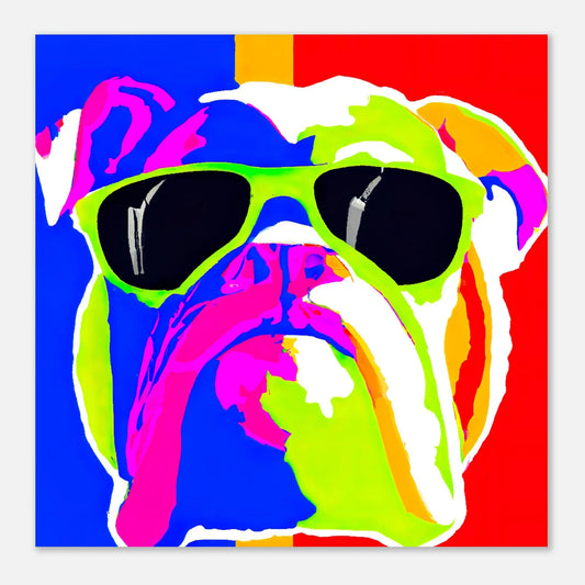 Aluminiumdruck - Englische Bulldogge mit Sonnenbrille - Pop Art Stil, KI-Kunst RolConArt