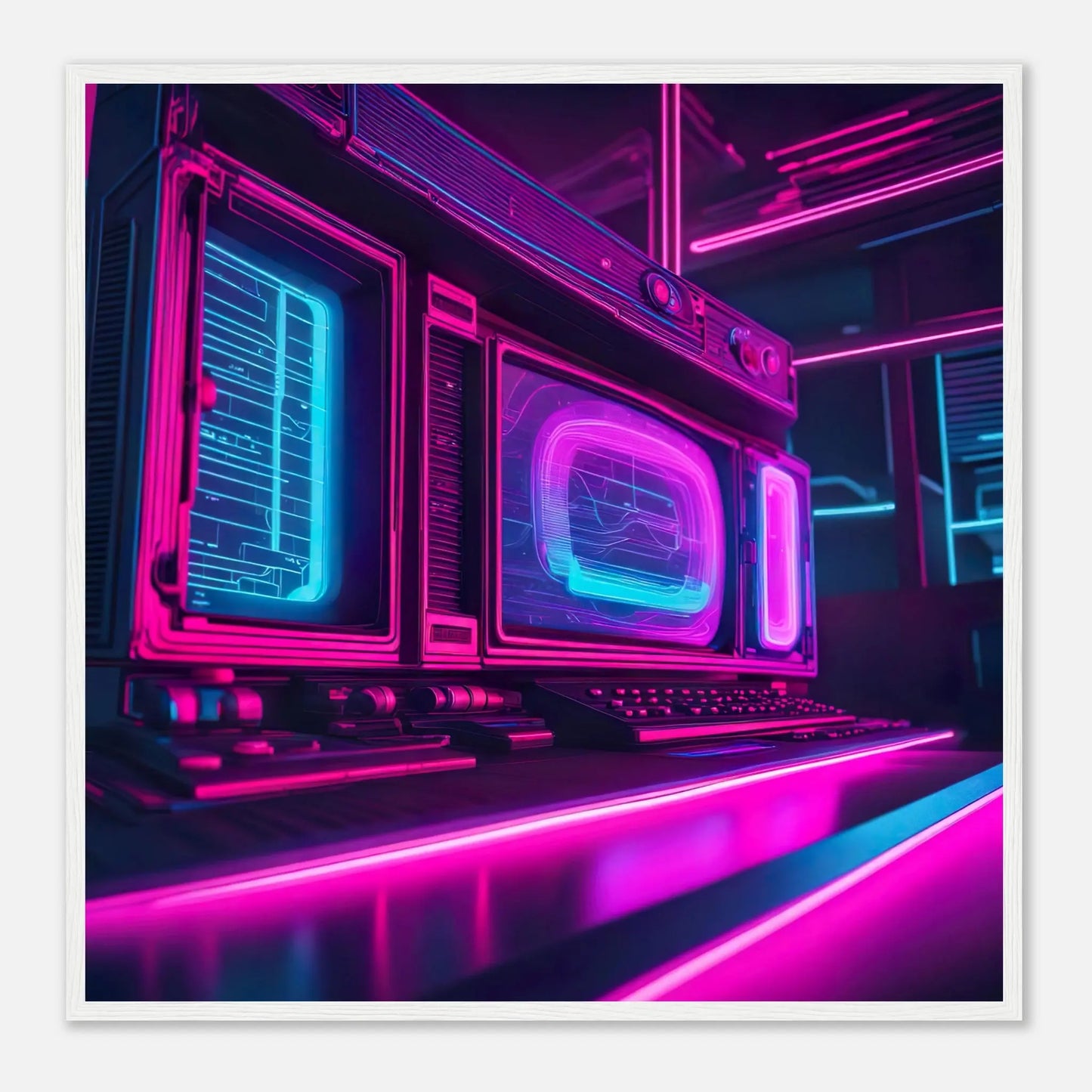 Gerahmtes Premium-Poster - Retro Computer - Neon Stil, KI-Kunst - RolConArt, Neon, 70x70-cm-28x28-Weißer-Rahmen