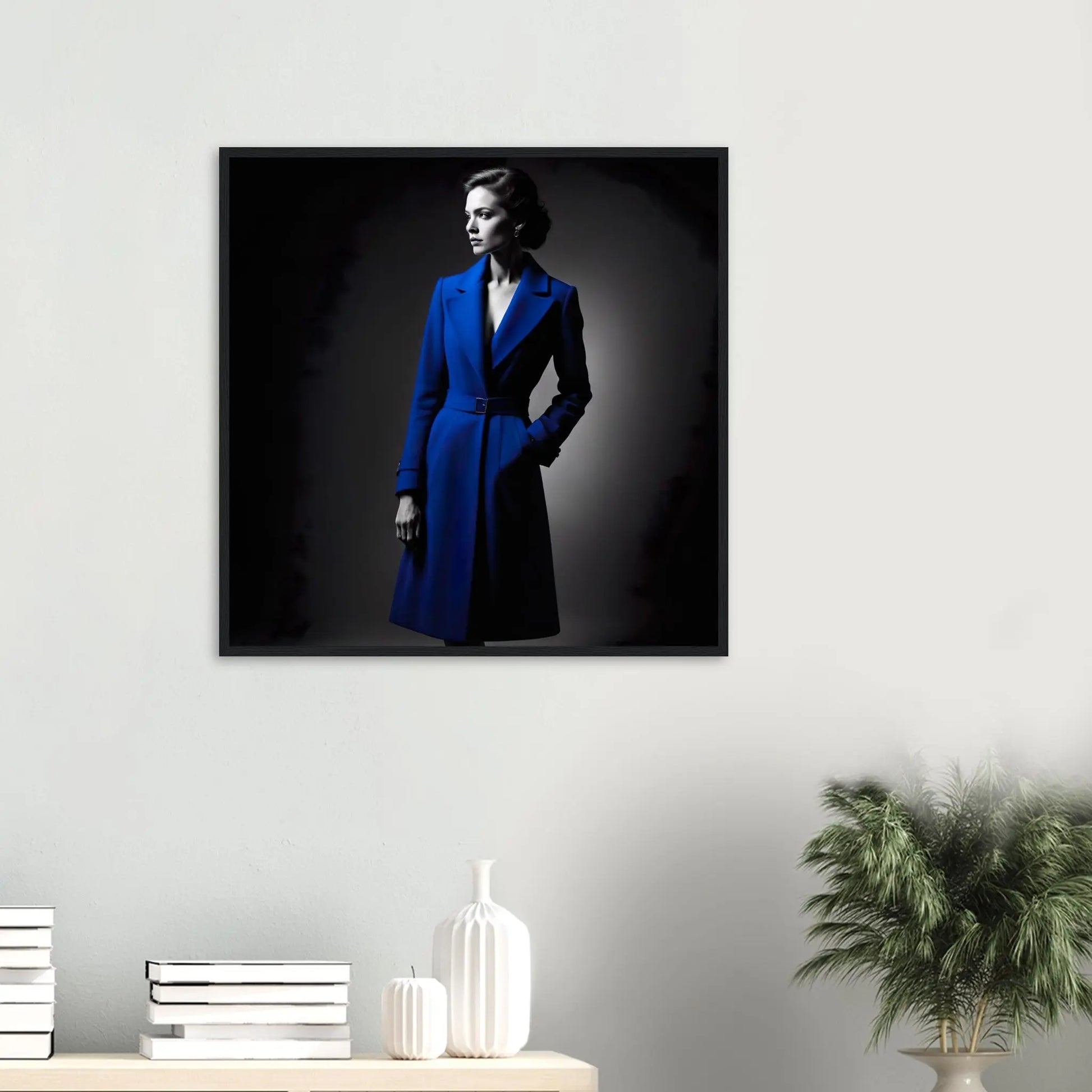 Gerahmtes Premium-Poster - Frau im blauen Mantel - Schwarz-Weiß, KI-Kunst - RolConArt, Schwarz-Weiß mit Akzentfarben, 