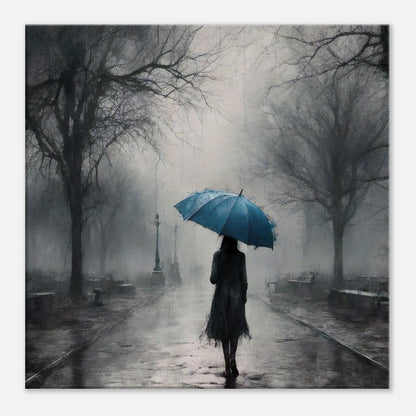 Leinwandbild -Frau mit einem blauen Regenschirm- Schwarz-Weiß, KI-Kunst - RolConArt, Schwarz-Weiß mit Akzentfarben, 50x50-cm-20x20