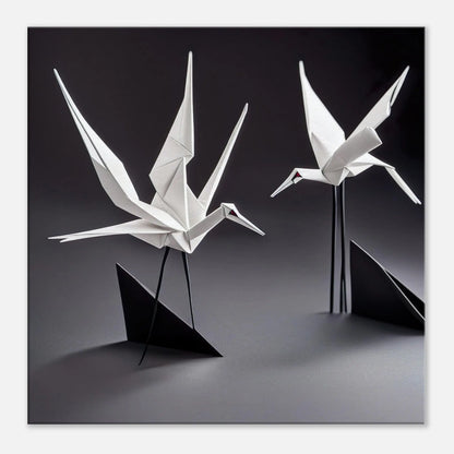 Leinwandbild - Zwei Kraniche - Schwarz-Weiß, Origami Stil, KI-Kunst - RolConArt, Origami Kunst, 60x60-cm-24x24