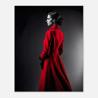 Leinwandbild - Frau im roten Mantel - Schwarz-Weiß Stil, KI-Kunst - RolConArt, Schwarz-Weiß mit Akzentfarben, 60x75-cm-24x30
