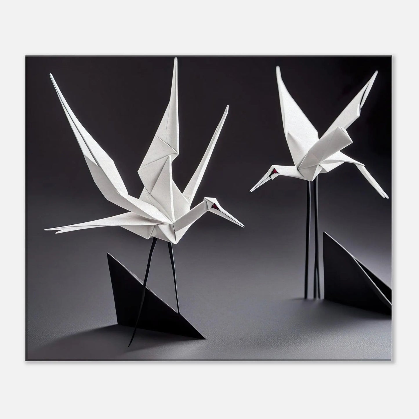 Leinwandbild - Zwei Kraniche - Schwarz-Weiß, Origami Stil, KI-Kunst - RolConArt, Origami Kunst, 50x60-cm-20x24