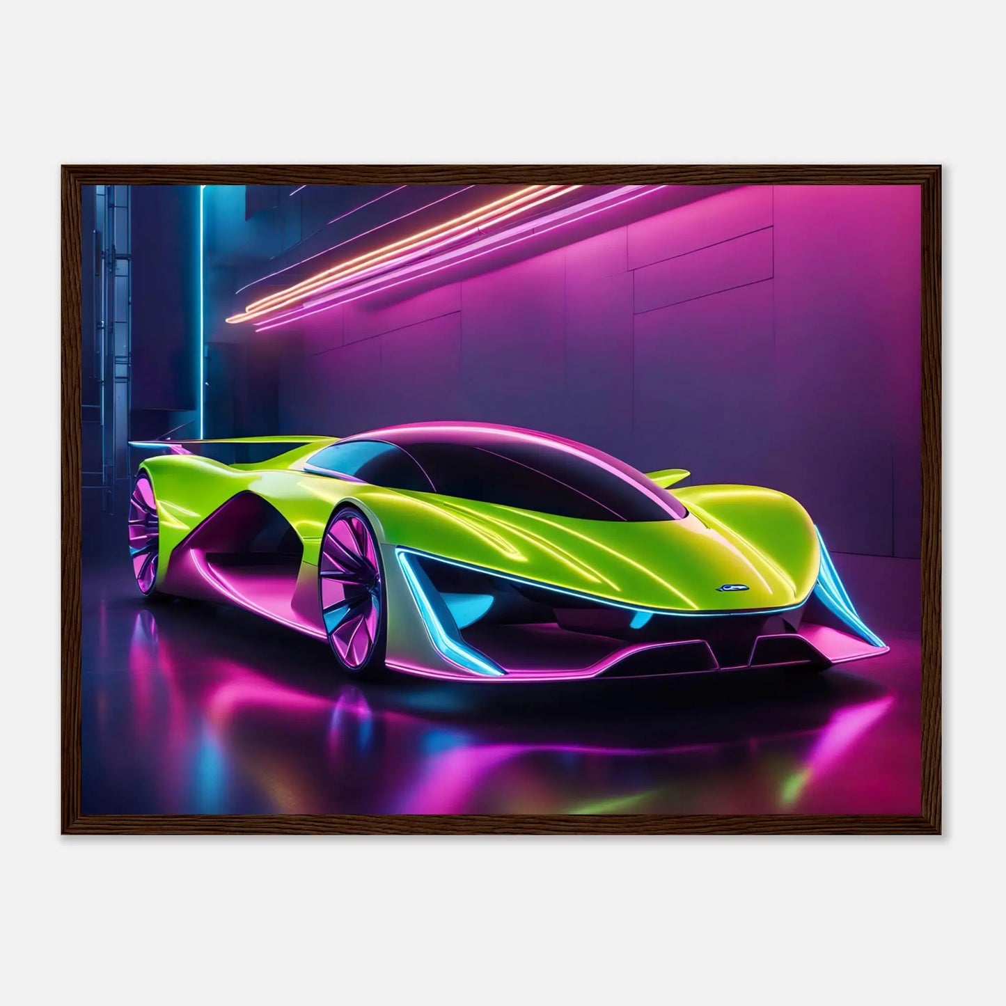 Gerahmtes Premium-Poster -Futuristisches Fahrzeug- Neon Stil, KI-Kunst - RolConArt, Neon, 45x60-cm-18x24-Dunkler-Holzrahmen